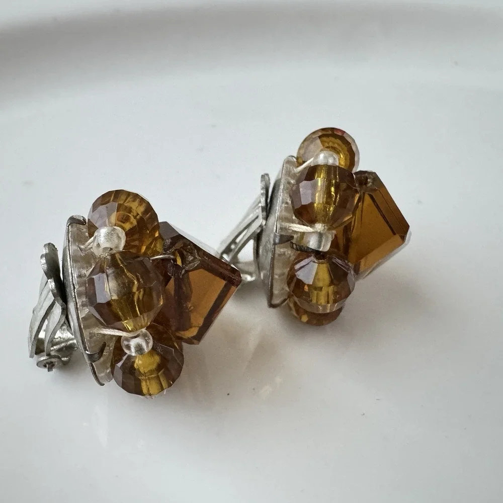 Vintage Amber Color‎ Beaded Cluster Clip Earrings Lucite Western Germany Classic